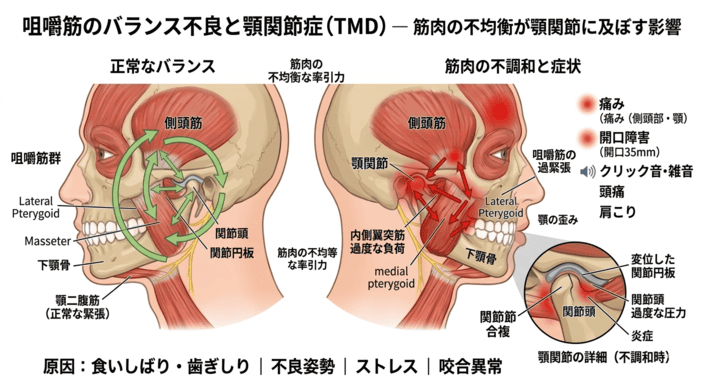 顎関節症の原因,
咀嚼筋と顎関節症の関係