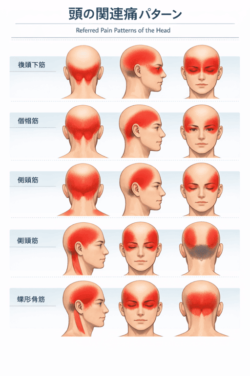 頭の関連痛の出方(代表パターン)